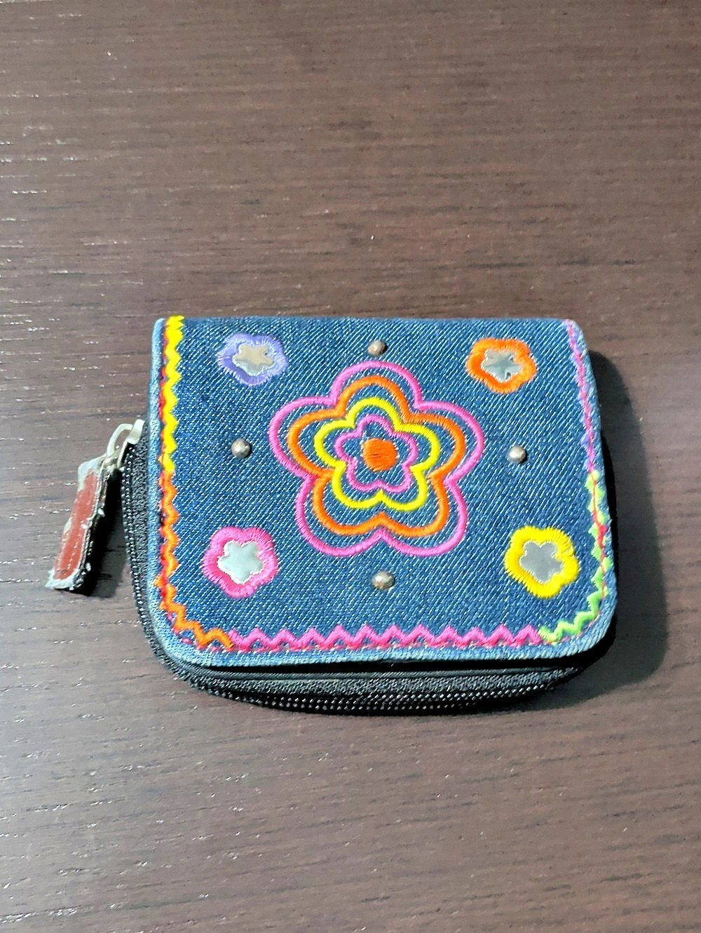Vintage Y2K Boho Floral Embroidered Denim Wallet Coin Purse